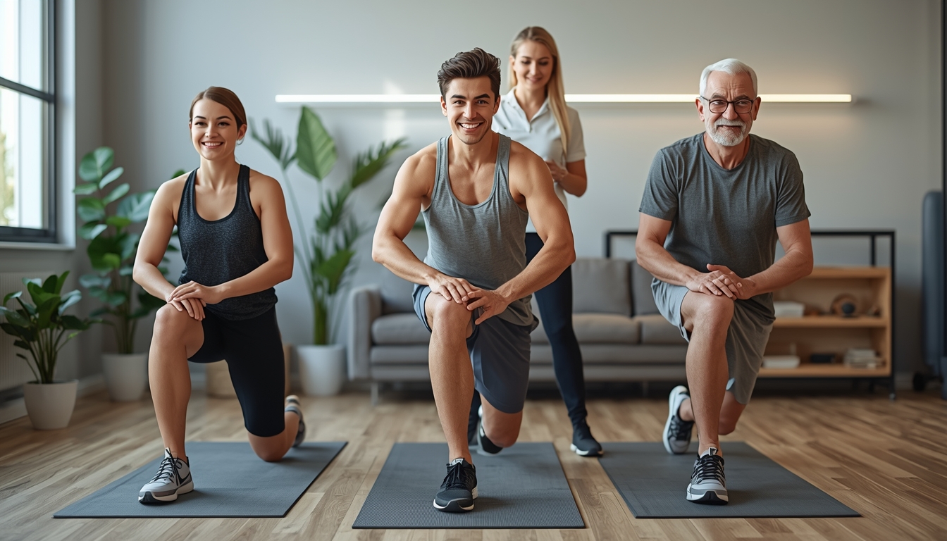 Three people of different age groups performing knee rehabilitation exercises in a physical therapy clinic